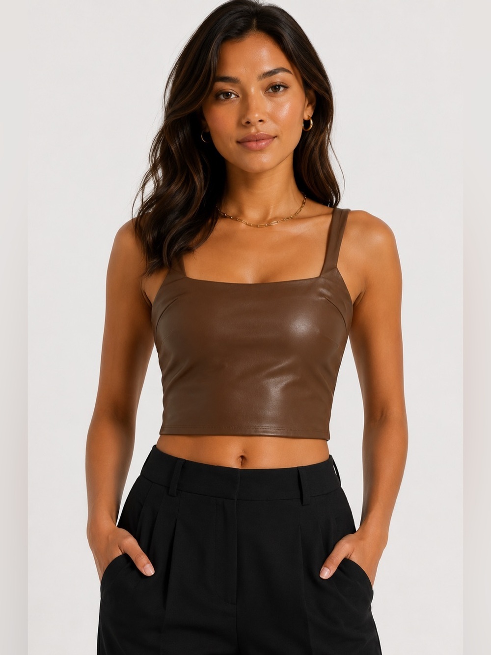 Express Brown Faux Leather Body Contour Crop Tank Medium